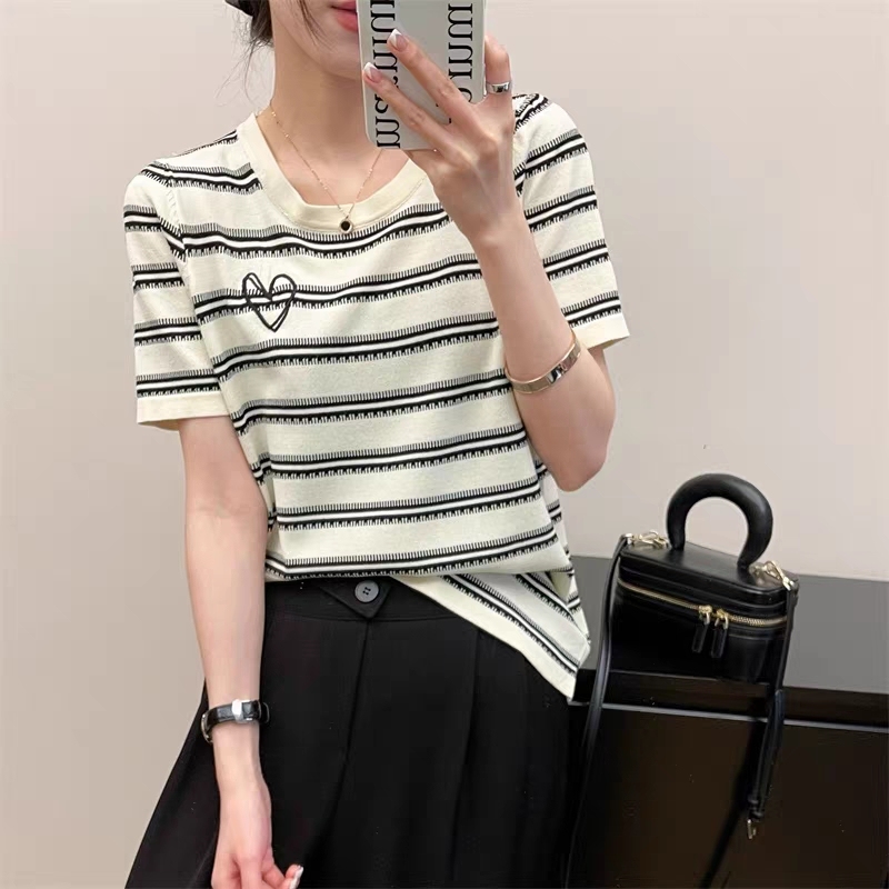 2023 summer new striped embroidery pullover sweater women loose all-match short-sleeved thin T-shirt top