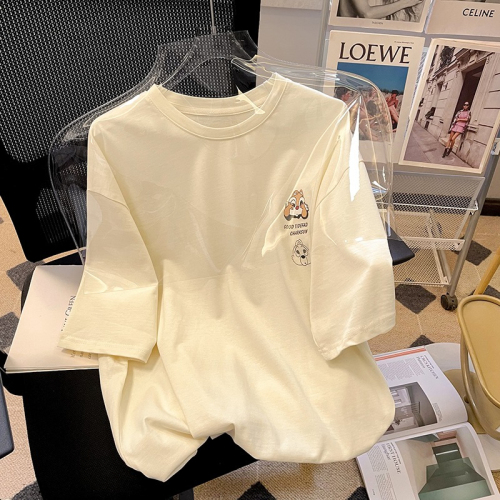 Dropped shoulder loose fit combed cotton back edge short-sleeved T-shirt print