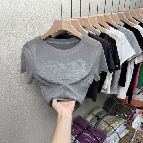 Mesh splicing pure desire sweet and spicy short-sleeved t-shirt women's summer women's clothing Korean version of self-cultivation and thin short chic top tide