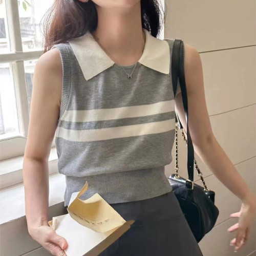 Summer new Korean version of the college style lapel color matching all-match vest sleeveless vest outerwear knitted sweater vest female