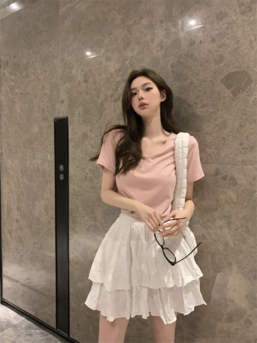 Real shot real price collarbone t-shirt women loose all-match short-sleeved large neckline V-neck bottoming shoulders U-neck inner top