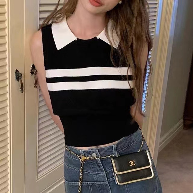 Summer new Korean version of the college style lapel color matching all-match vest sleeveless vest outerwear knitted sweater vest female