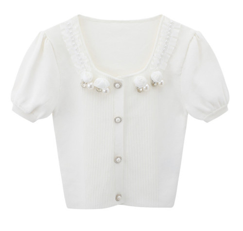 23 spring new small fragrant wind puff sleeve knitted T-shirt square collar beaded lace short niche top