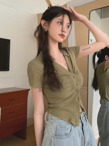Real price hot girl style elastic tight small collar solid color button-down short-sleeved T-shirt