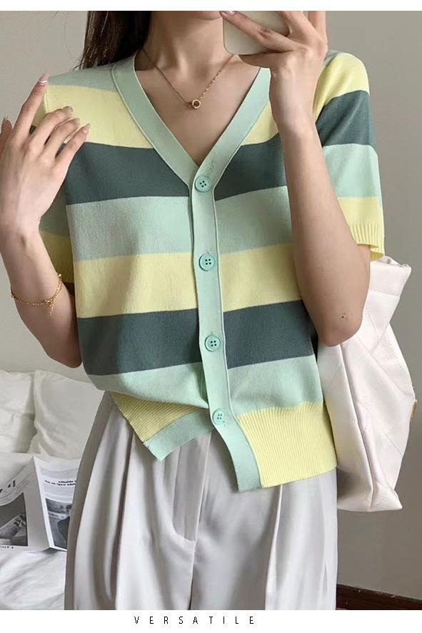 2023 new summer cardigan design sense niche striped short-sleeved t-shirt women's summer loose short top
