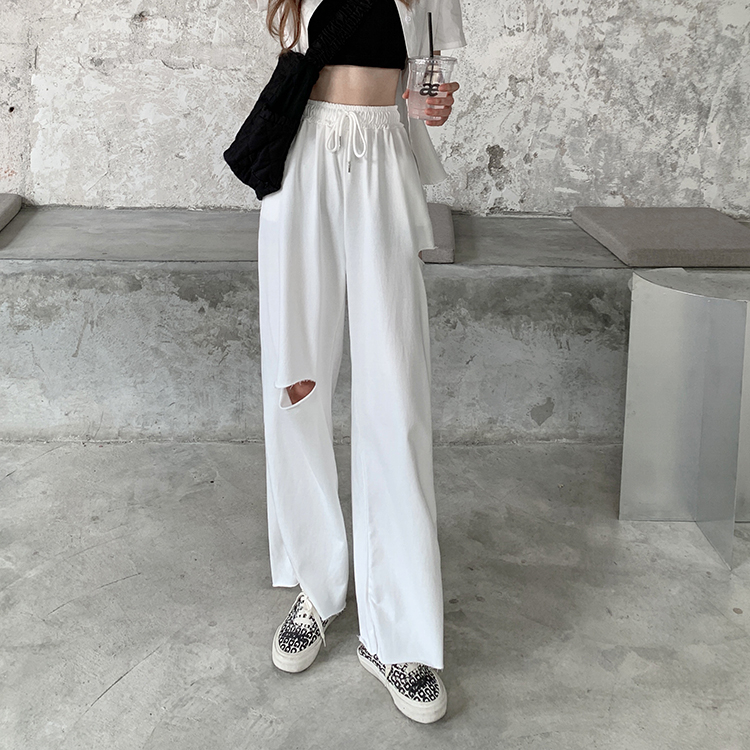 2023 fried street hole pants summer new Korean version high waist thin casual pants net red wide leg pants trousers ins women