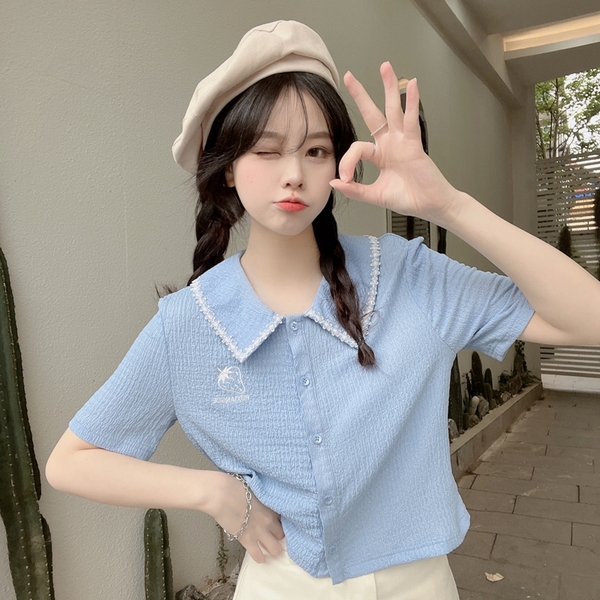 Real shot 2023 summer new short polo collar T-shirt female design sense niche cardigan short shirt top female
