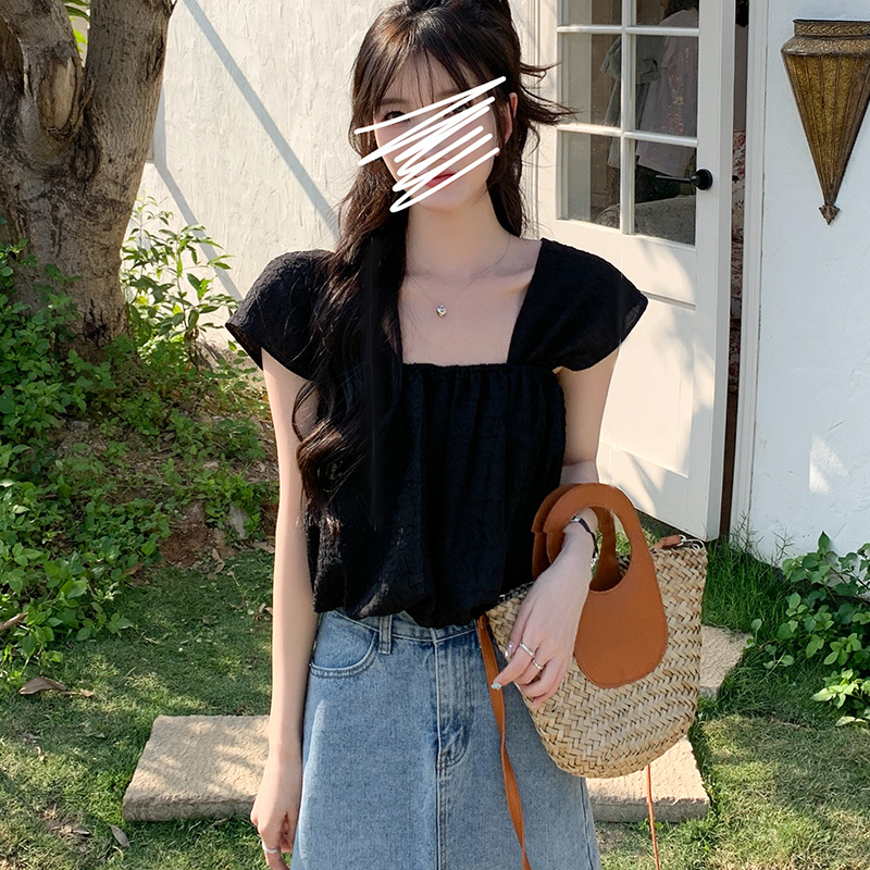 Real shot-2023 textured T-shirt women's short-sleeved camisole short shoulder vest sleeveless top summer wear
