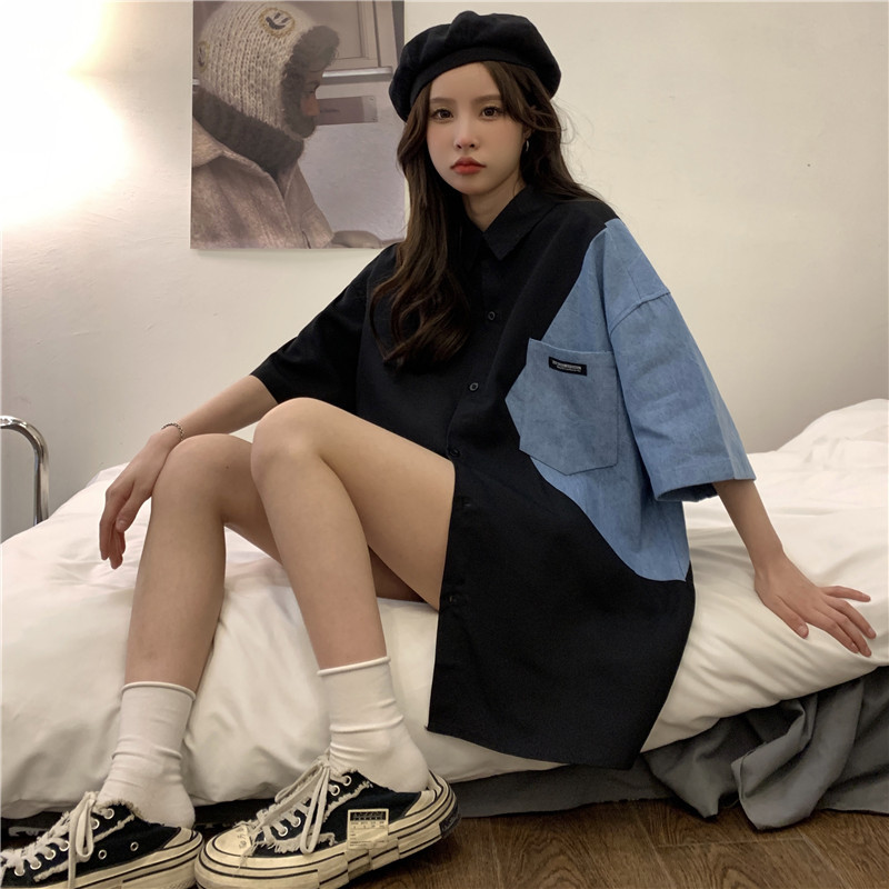 Real shot color-blocking shirt women's short-sleeved 2023 spring and summer women's fashion temperament trendy design sense shirt
