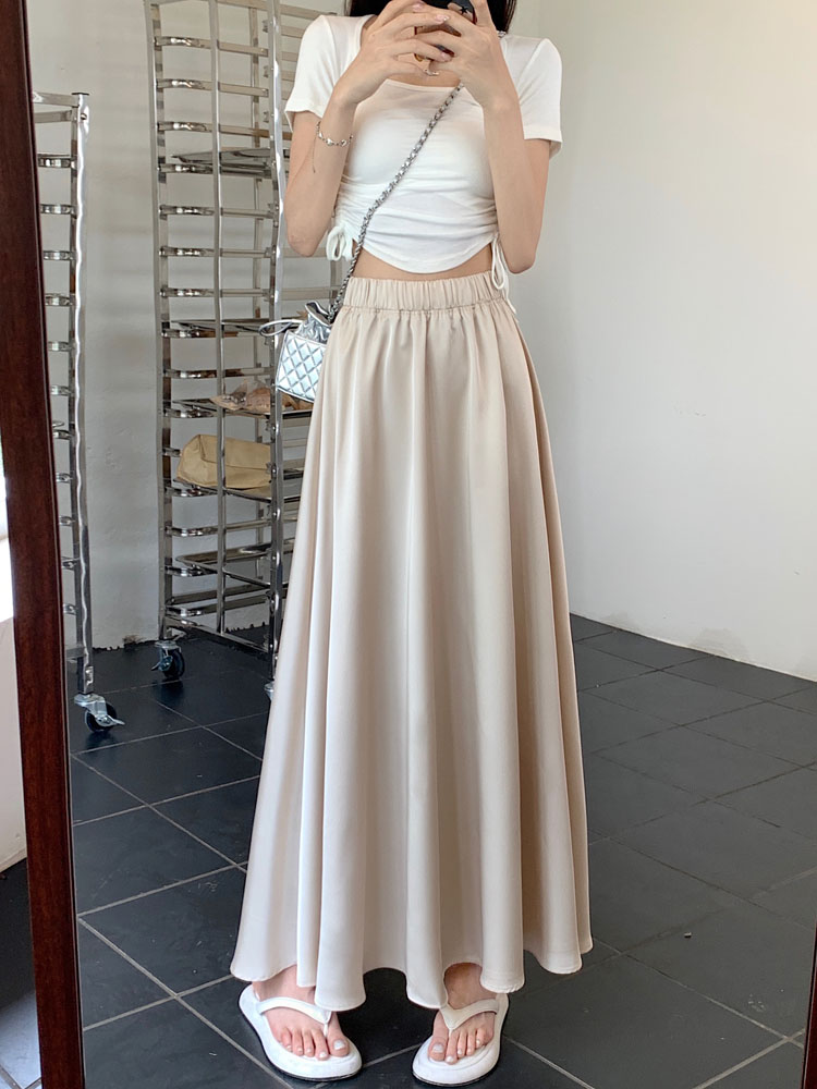 Real shot real price new Korean satin skirt elastic waist cover span slimming skirt French long skirt women
