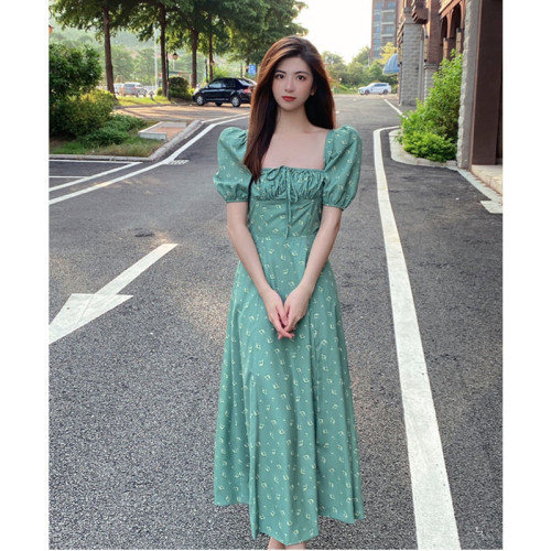 French Puff Sleeve Floral Dress Female Waist British Style Slim Street Shoot Retro Gentle Slit Sweet Spicy Fried Street Jumpsuit