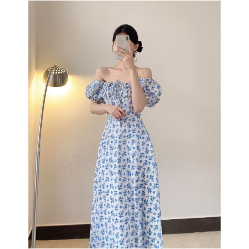 French Puff Sleeve Floral Dress Female Waist British Style Slim Street Shoot Retro Gentle Slit Sweet Spicy Fried Street Jumpsuit