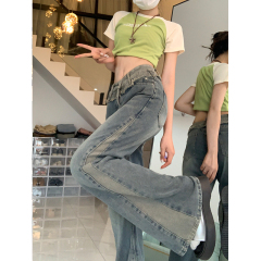 Real shot of hot girls retro old stitching micro-launched denim pants women's design sense slim straight-leg pants