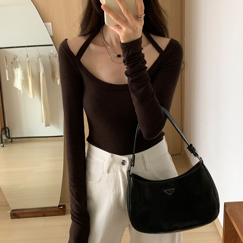 Real shot picture Korean design sense 2023 new solid color halter neck long-sleeved T-shirt