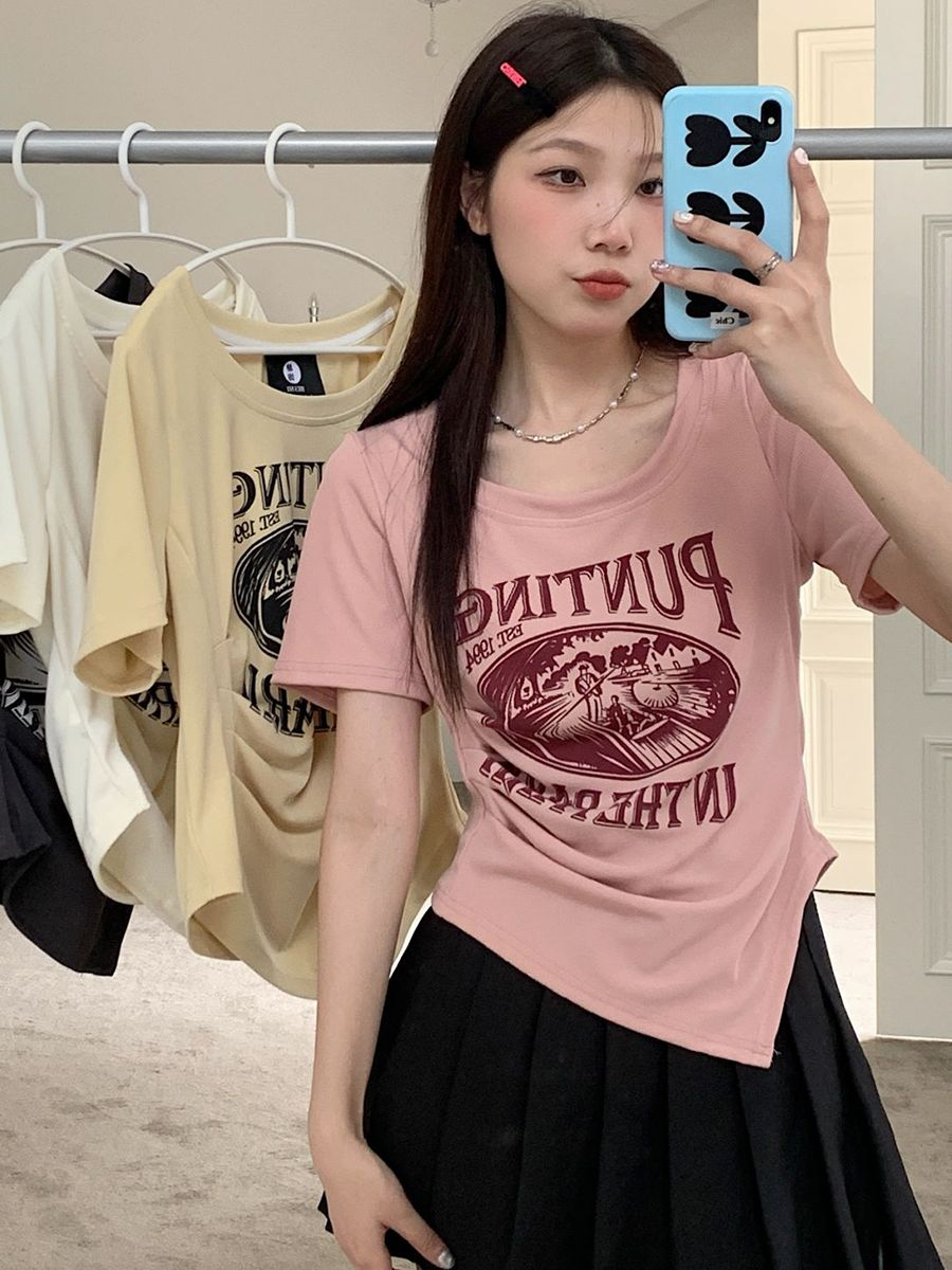 Large size front shoulder short-sleeved t-shirt women's summer new fat MM irregular design sense printed pleated top