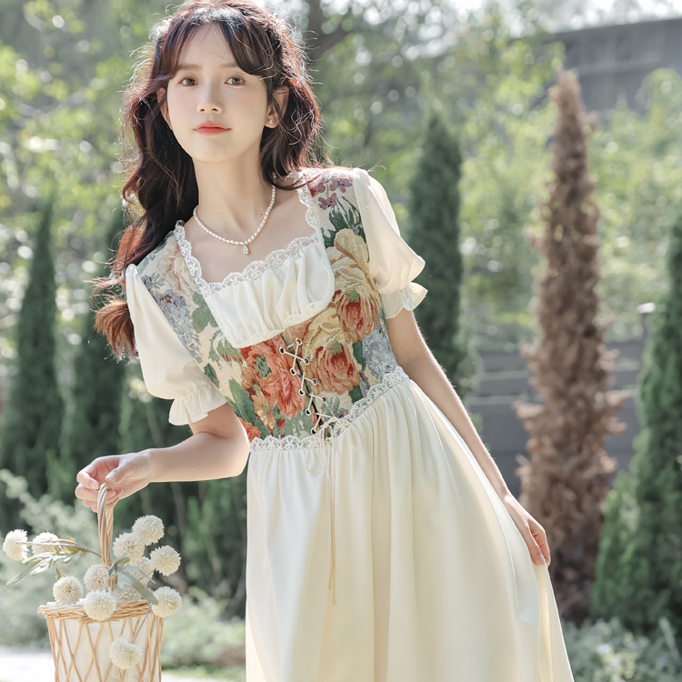 French temperament palace style retro floral thin dress 2023 summer super fairy dress