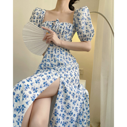 French Puff Sleeve Floral Dress Female Waist British Style Slim Street Shoot Retro Gentle Slit Sweet Spicy Fried Street Jumpsuit