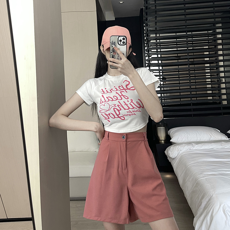 Real shot suit shorts women's summer thin section high waist loose slim pants black casual five-point pants trousers