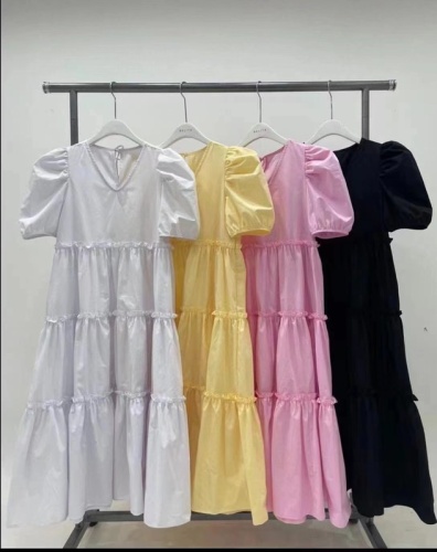Spot summer Korean version V-neck puff sleeve mid-length dress for women