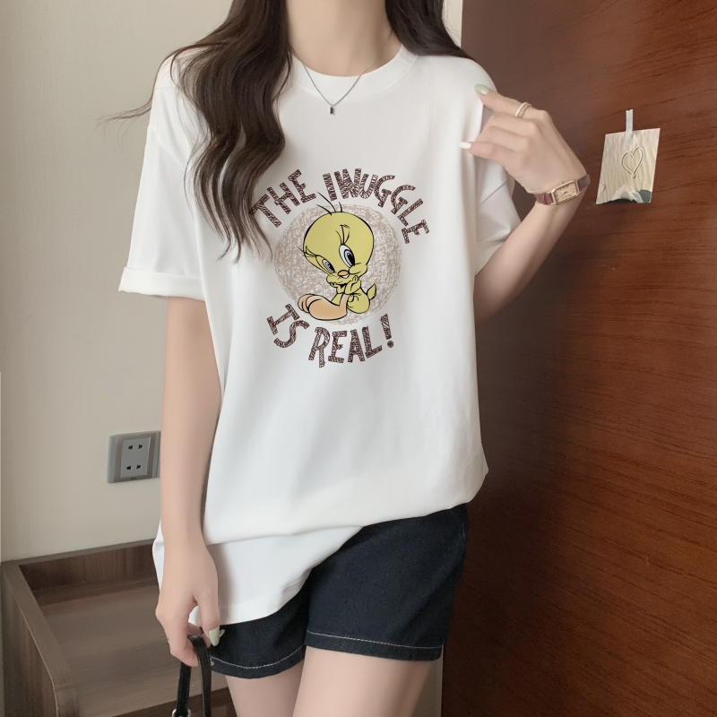 Real shot real price 100% cotton combed cotton printed summer short-sleeved T-shirt women's loose Korean version