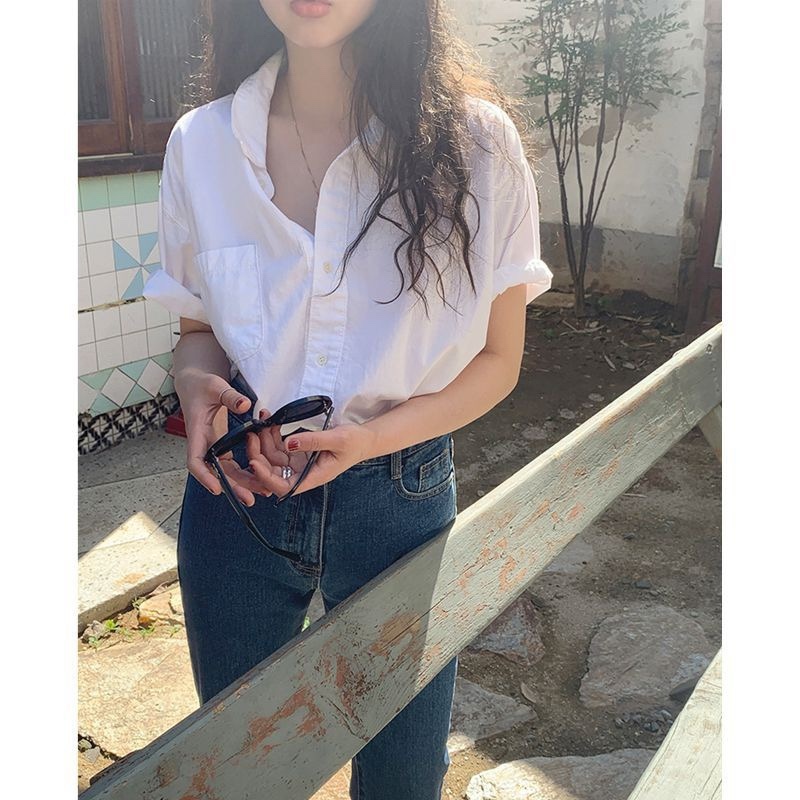 Korean version loose summer white shirt female French cotton breathable short-sleeved retro preppy half-sleeved shirt