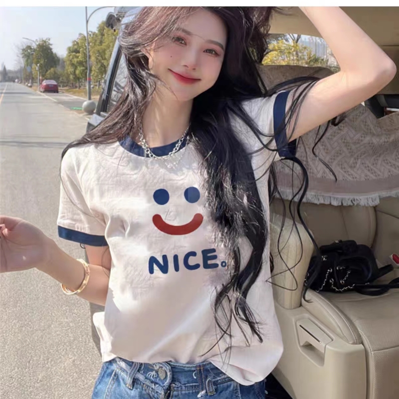 Pure cotton pull frame color-blocking short-sleeved color-blocking printing loose short-sleeved t-shirt for women