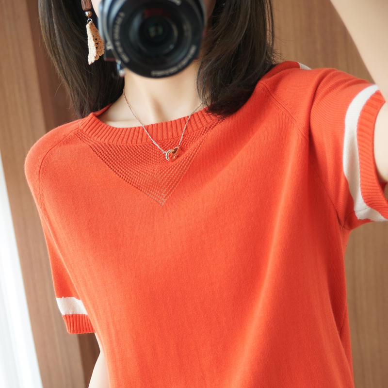 2023 Spring/Summer Round Neck Panel Knit Short Sleeve Women's Korean Contrast Loose T-shirt Hollow out Thin Half Sleeve Top