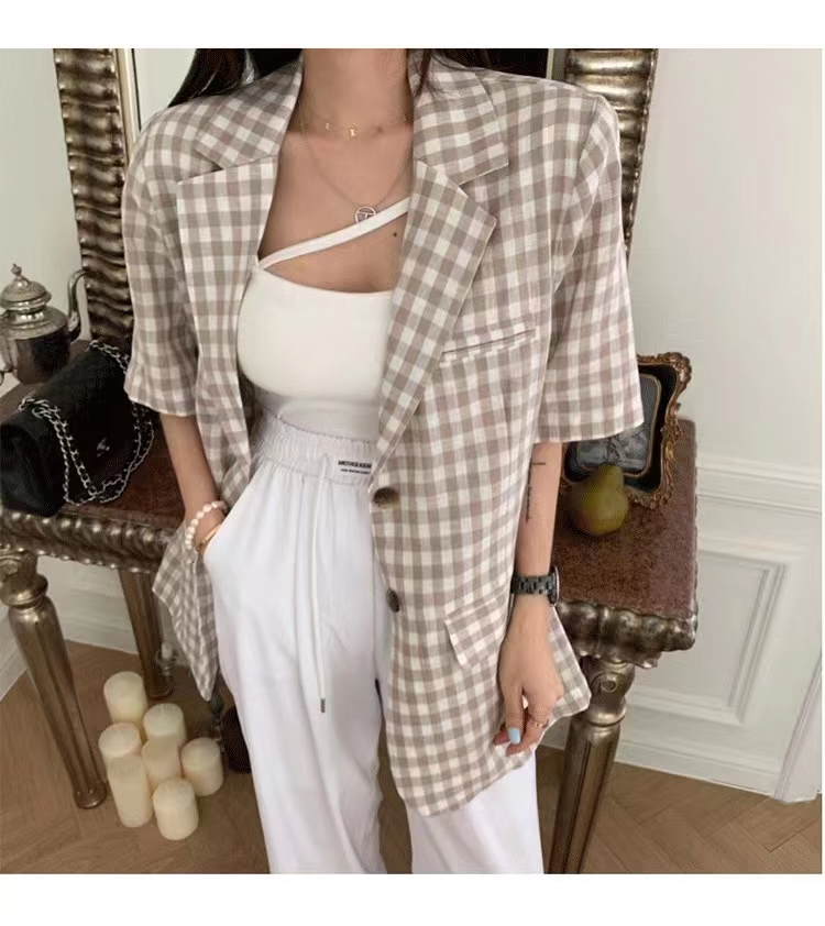 Internet celebrity temperament loose lapel rear slit plaid suit jacket women's mid-length suit