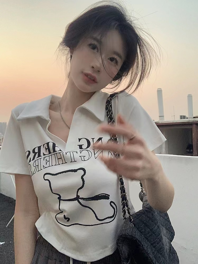 Ice silk thread small lapel pure desire front shoulder short-sleeved T-shirt summer new hot girl slim short top female
