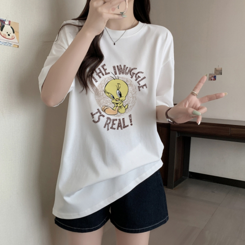 Real shot real price 100% cotton combed cotton printed summer short-sleeved T-shirt women's loose Korean version