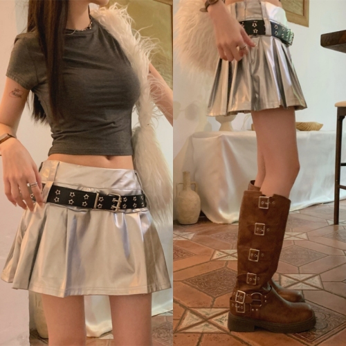 Real price beauty college ruffian~Age reducing silver leather fluffy A-line skirt, half length skirt without belt