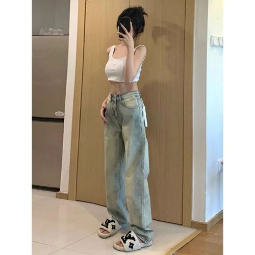 Retro washed old yellow mud-colored jeans women's summer high waist thin high street straight American vibe style pants