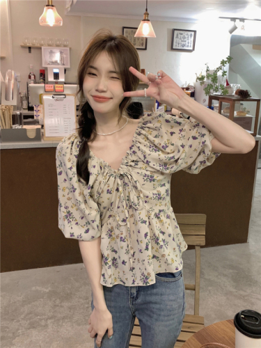 Real price real price summer forest blouse 2023 Korean version loose v-neck slim tie floral chiffon top women