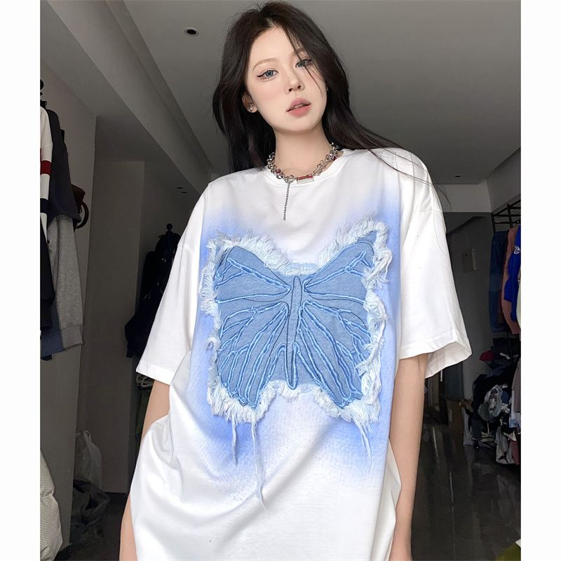 Denim patch embroidery summer short-sleeved t-shirt combed cotton back shoulder wrap collar smudged