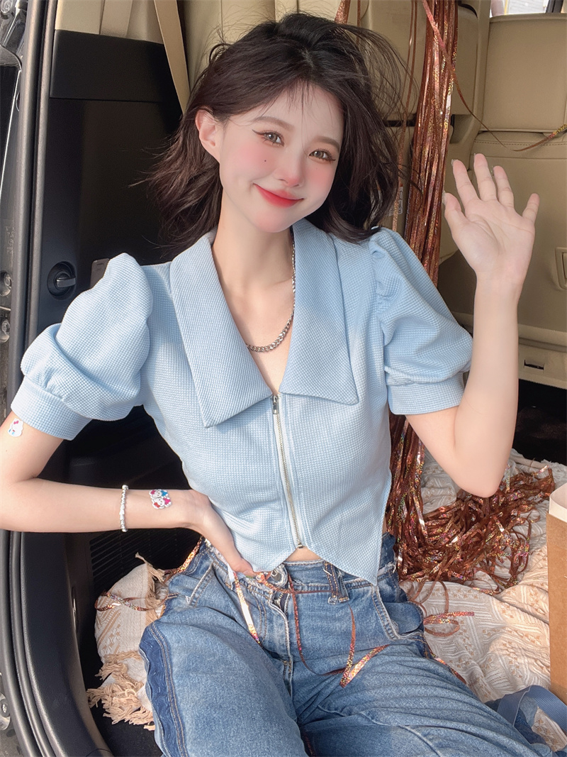 Bubble short-sleeved t-shirt women's summer design sense niche chic zipper polo shirt pure desire hot girl v-neck short top