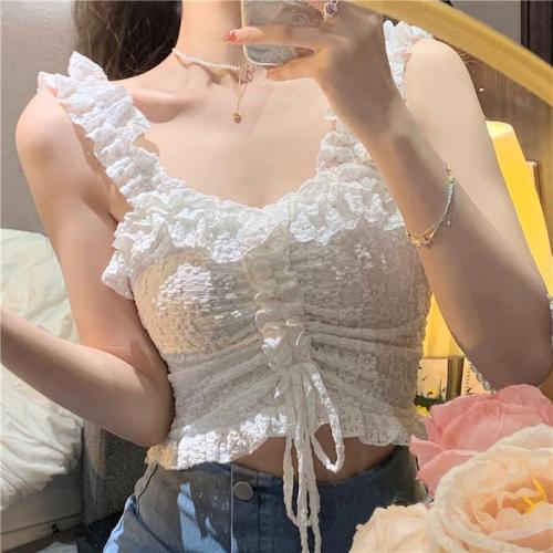 Spring and summer Korean version 2023 new pure desire wind self-cultivation was thin short section pure color pleated lace drawstring vest camisole female