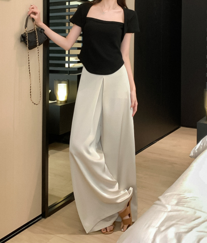 Real price high-end solid color silky satin drape casual wide-leg pants