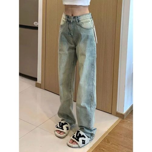 Retro washed old yellow mud-colored jeans women's summer high waist thin high street straight American vibe style pants