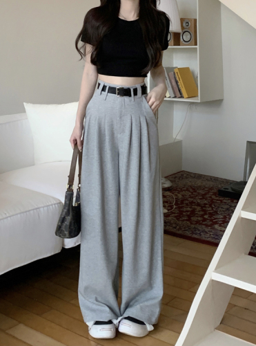 Real price loose and versatile high waisted casual pants with straight tube and belt floor mop pants