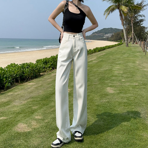 White wide-leg jeans women's loose summer and autumn high waist Xuanya vertical light blue mopping pants small man