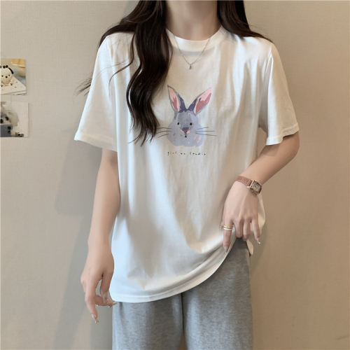 Real shot pure cotton back pack collar animal series printed short-sleeved cotton T-shirt  new loose and thin women's models