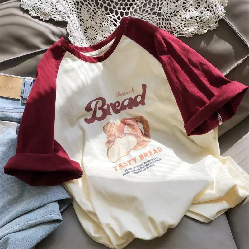 Official picture of pure cotton 300 pounds large size T-shirt for women retro Hong Kong style contrasting raglan loose student top