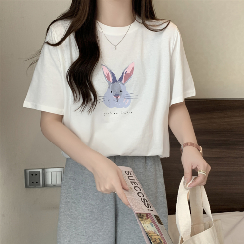 Real shot pure cotton back pack collar animal series printed short-sleeved cotton T-shirt  new loose and thin women's models