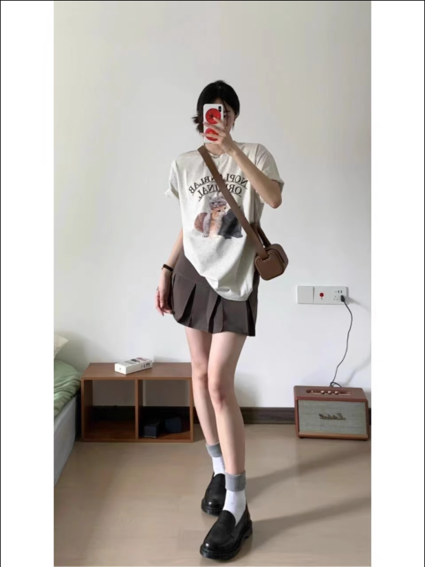 Oatmeal Spring Summer New Cat Letter Print China-Chic Couple Loose Half Sleeve Men's and Women's Round Neck T-shirt Short Sleeve