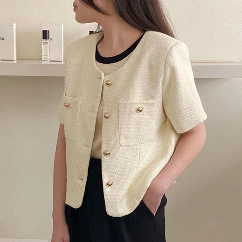 Korean chic summer new French style small fragrance round neck loose all-match short-sleeved tweed short coat for women