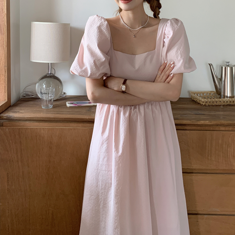 Real shot French retro puff sleeve texture fabric square collar bow tie pink dress