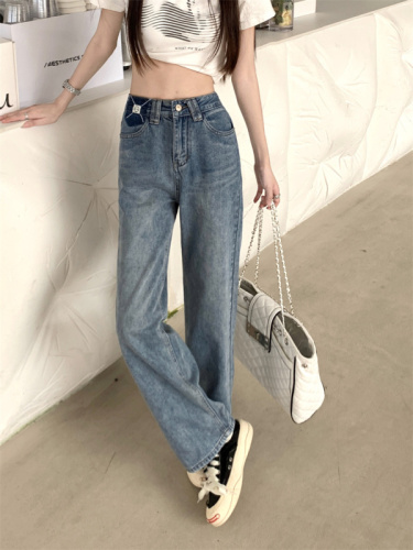 Real shot narrow version wide-leg jeans women's spring and autumn  new high-waist drape looks thin and hits color small straight-leg pants