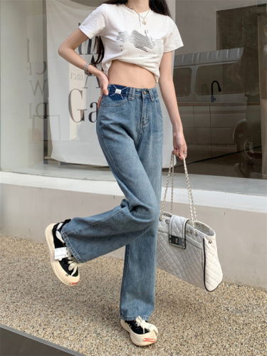 Real shot narrow version wide-leg jeans women's spring and autumn  new high-waist drape looks thin and hits color small straight-leg pants