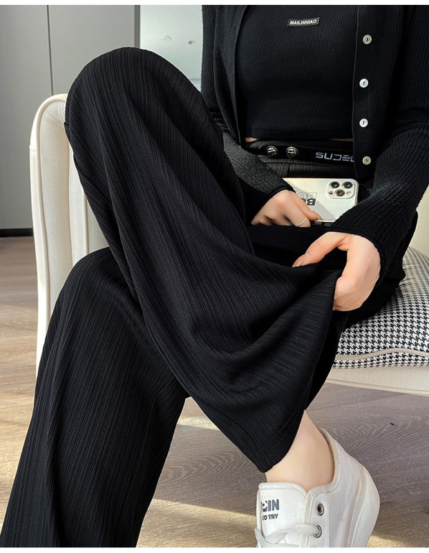 Wide-leg pants women's high waist drape ice silk thin section 2023 new summer slim and narrow straight casual knitted pants
