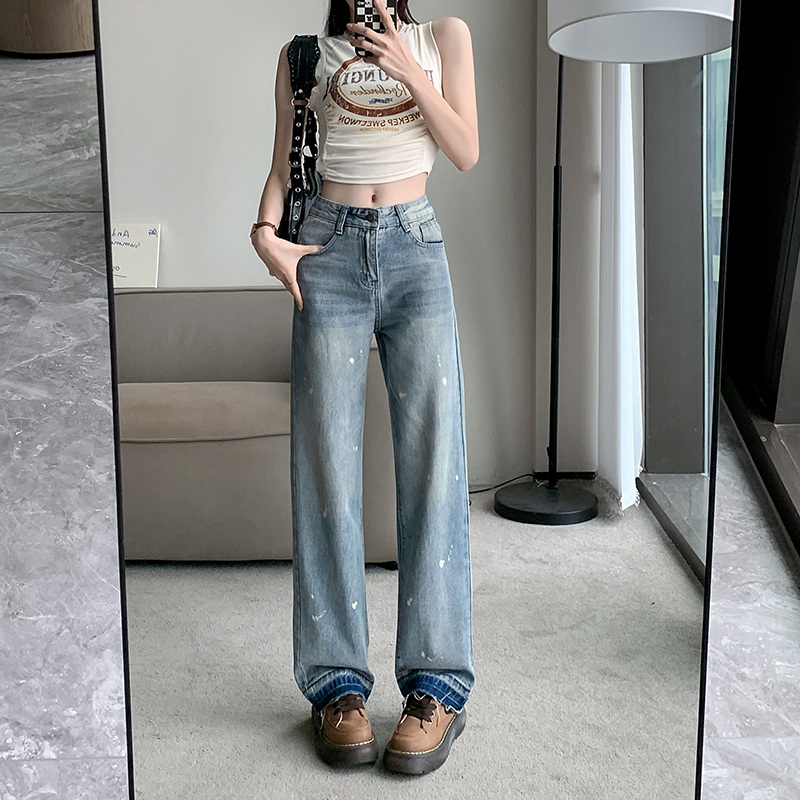 Real price~retro splashed ink yellow mud denim pants female 2023 spring tide ins high street straight loose trousers